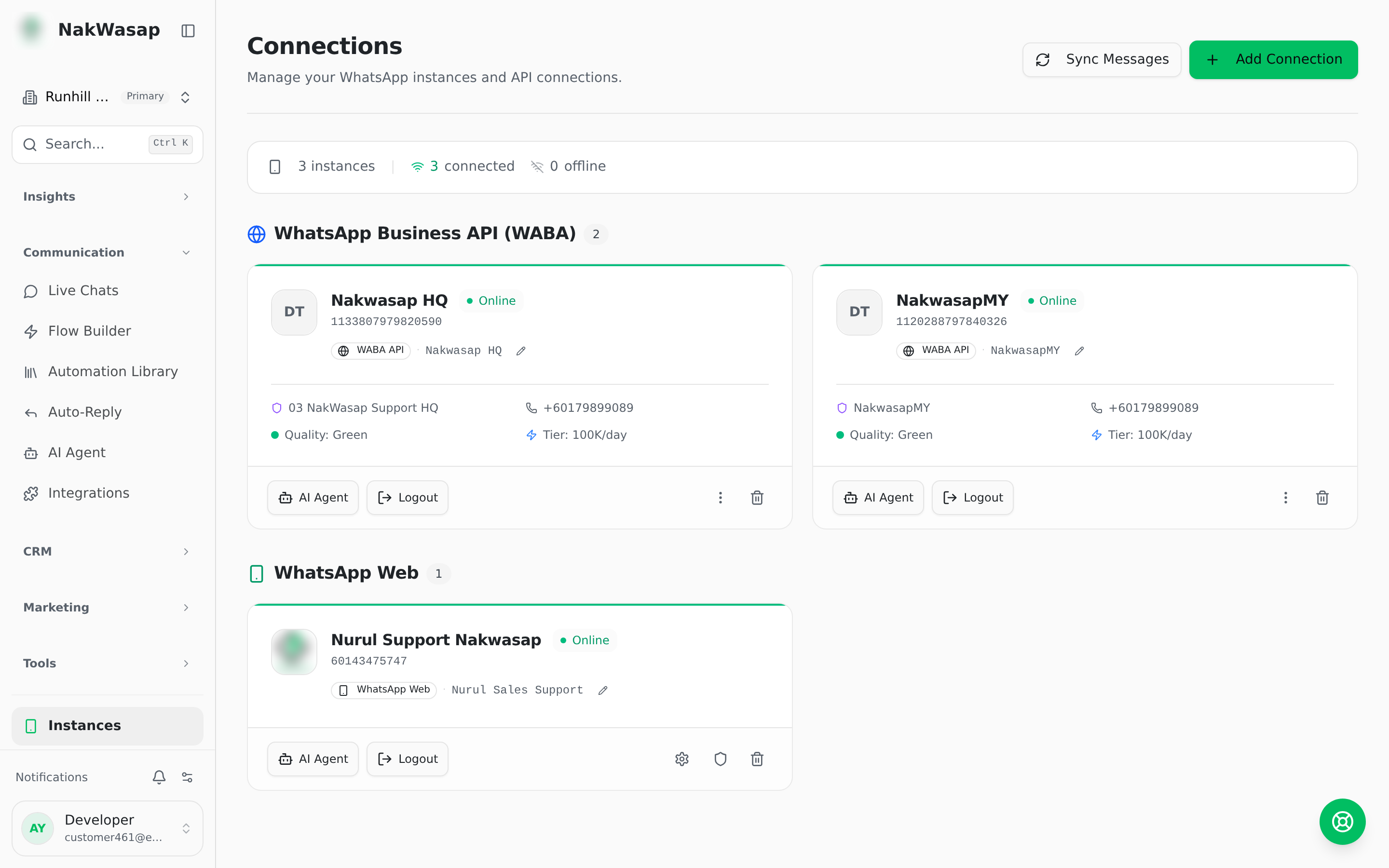 Device list showing both a WhatsApp Web and an Official API number