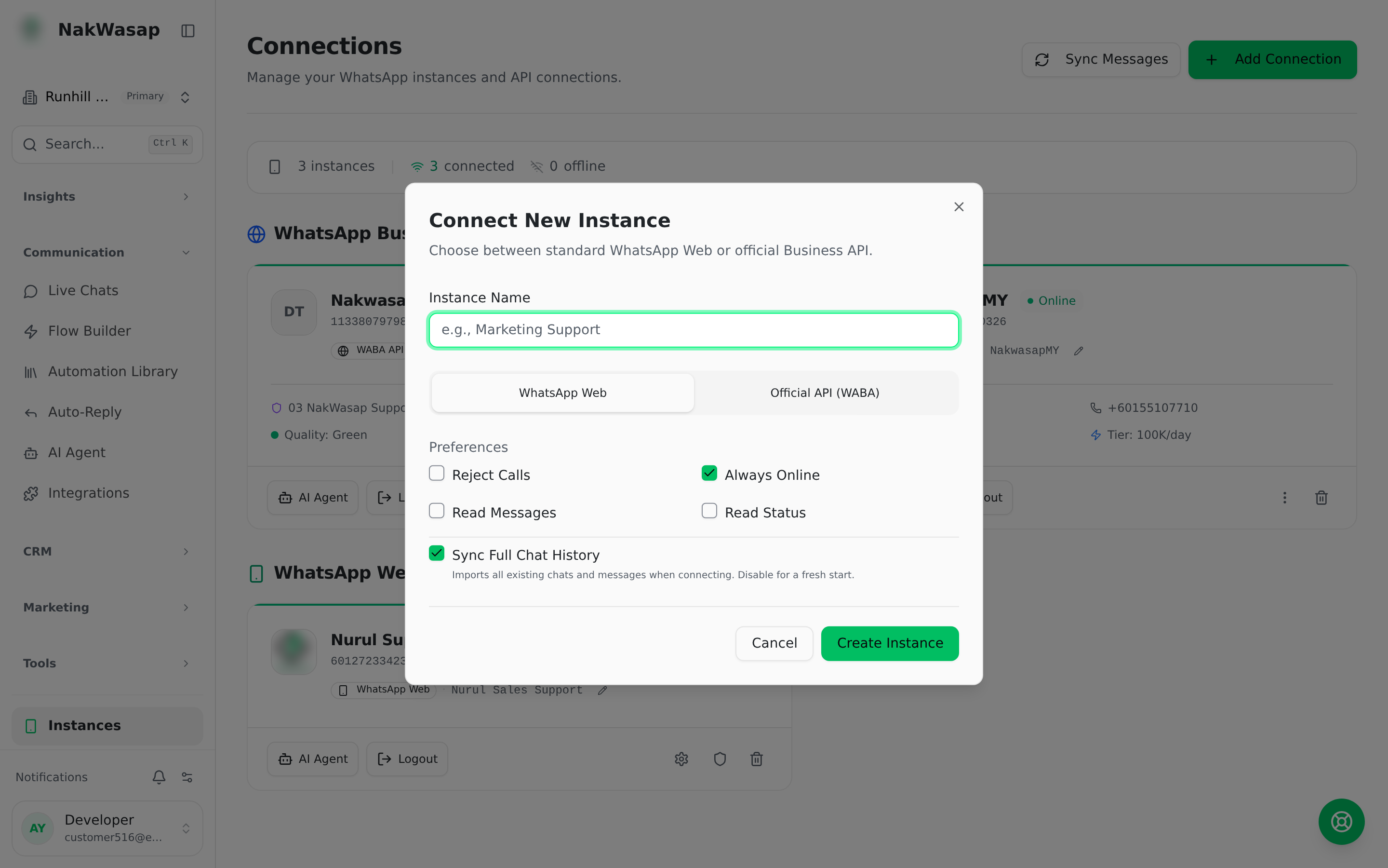 The QR connect dialog, open