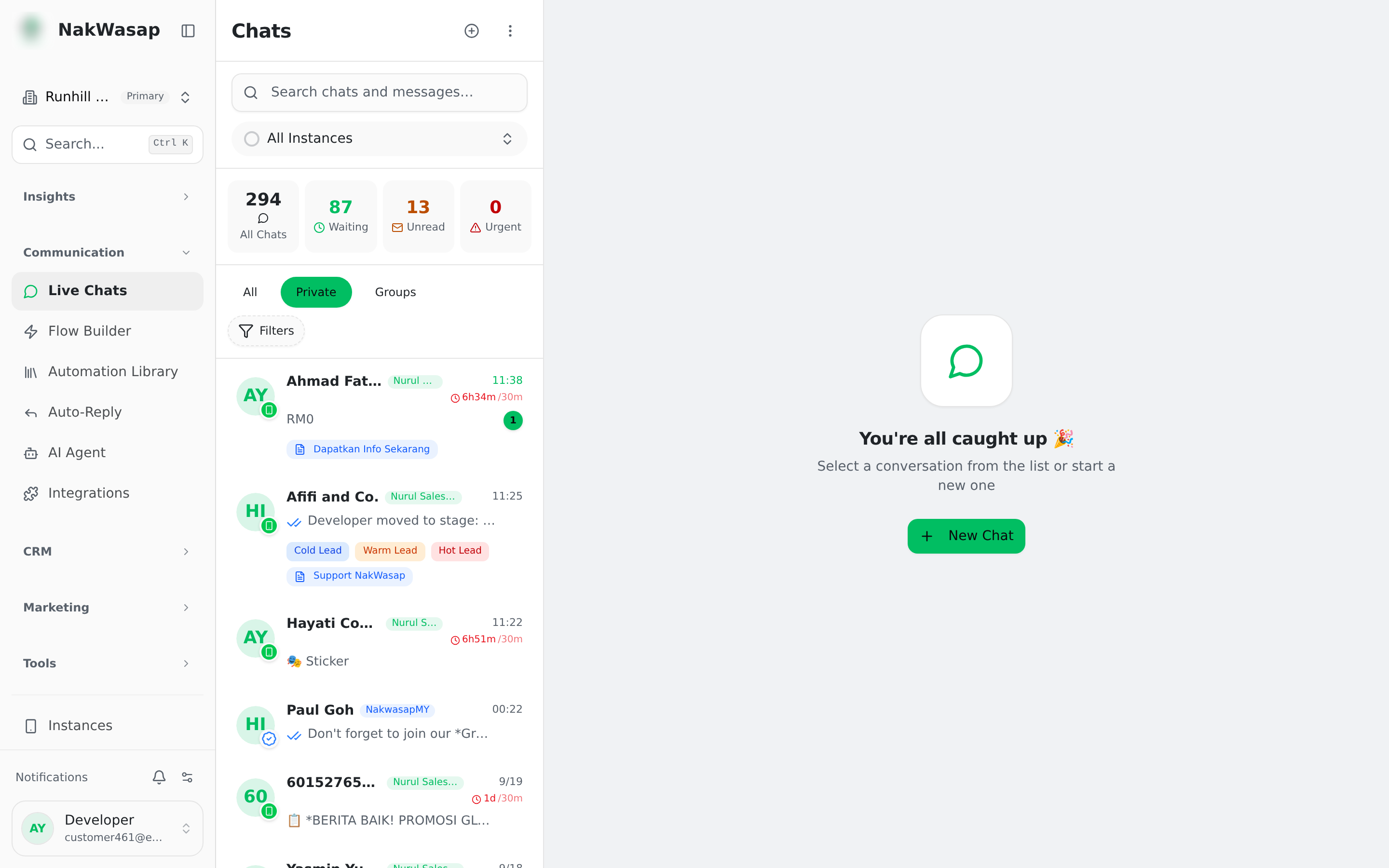 Full inbox: list, filters, stat tiles