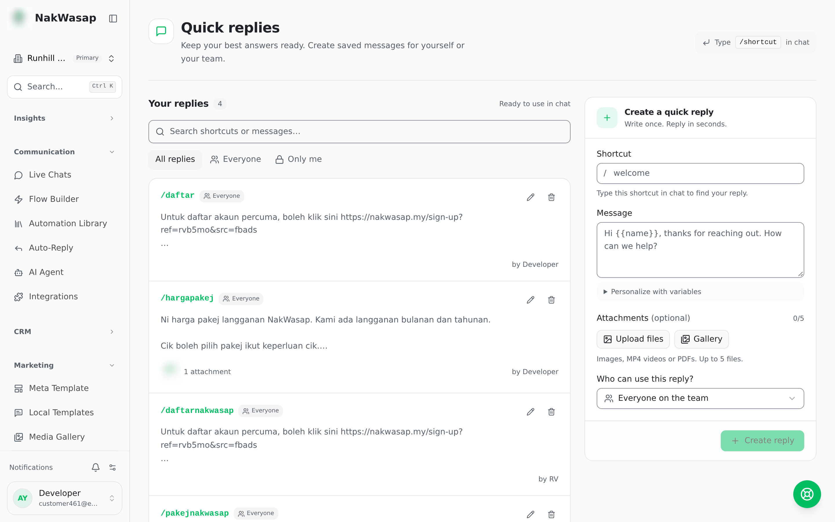 Quick replies list, or the /shortcut suggestion popup in a chat