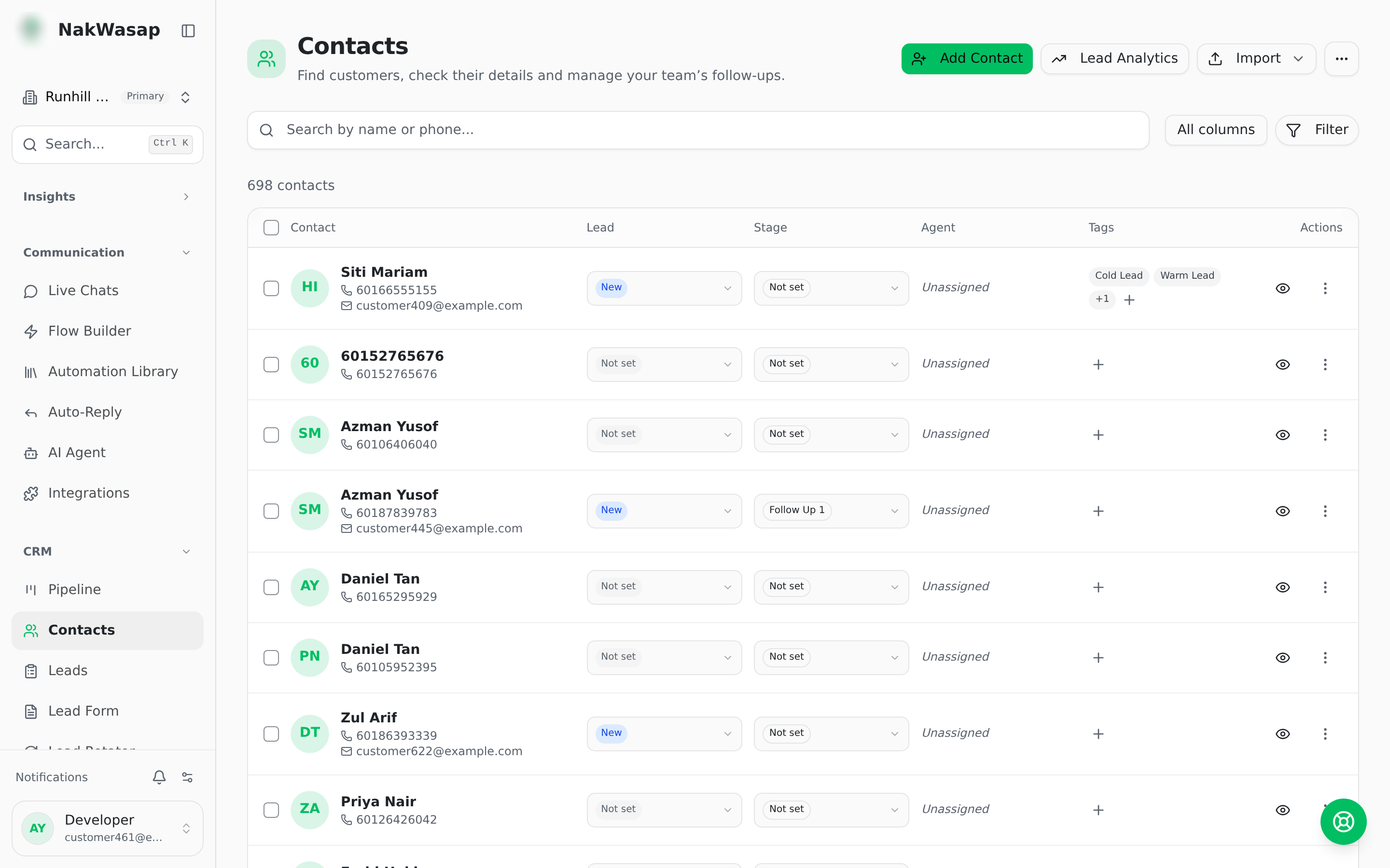 Contacts table with filters visible