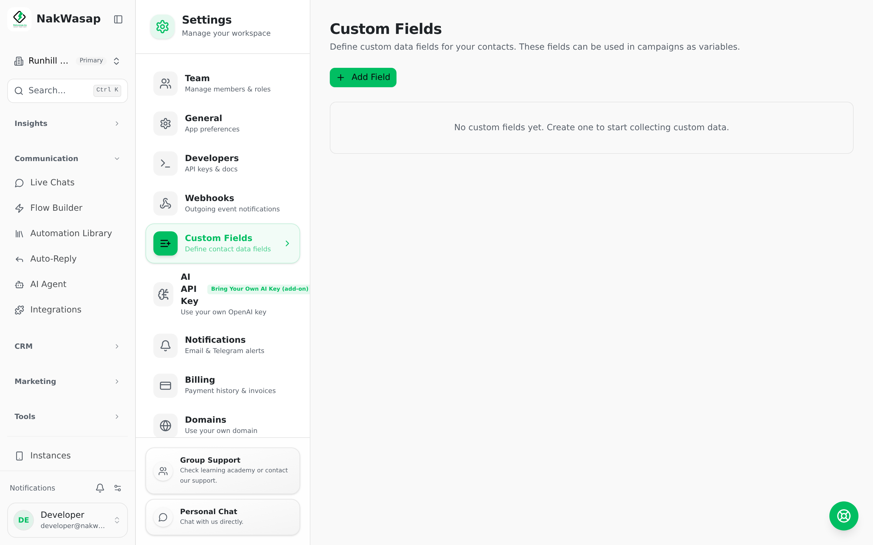 Field list plus the add-field dialog