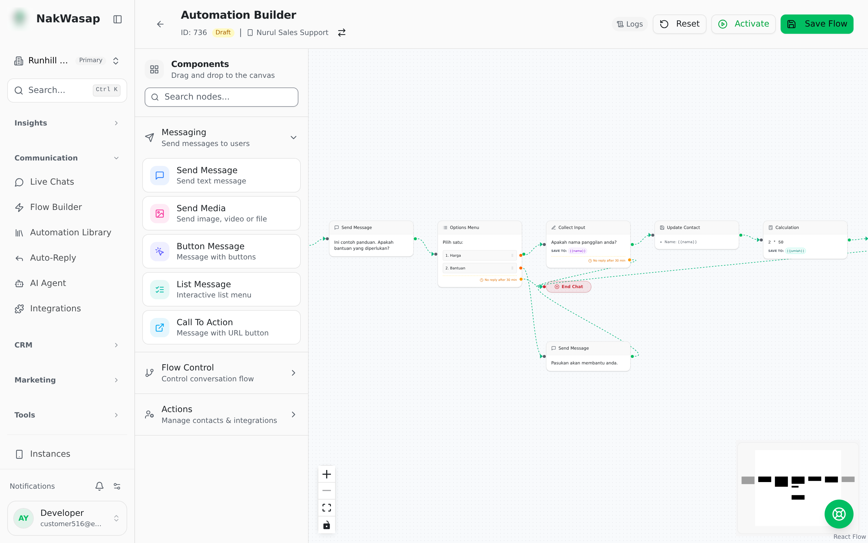 Canvas with a branching flow and the node sidebar