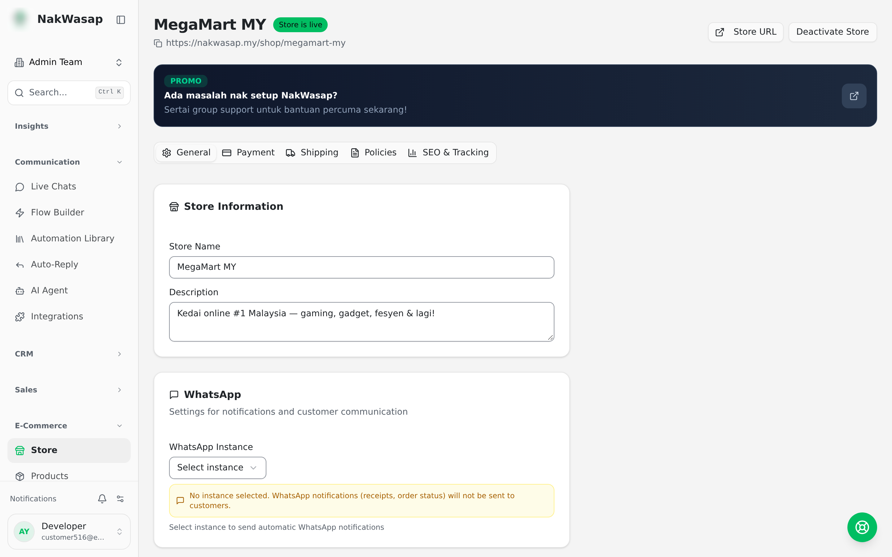 Payment tab showing the methods