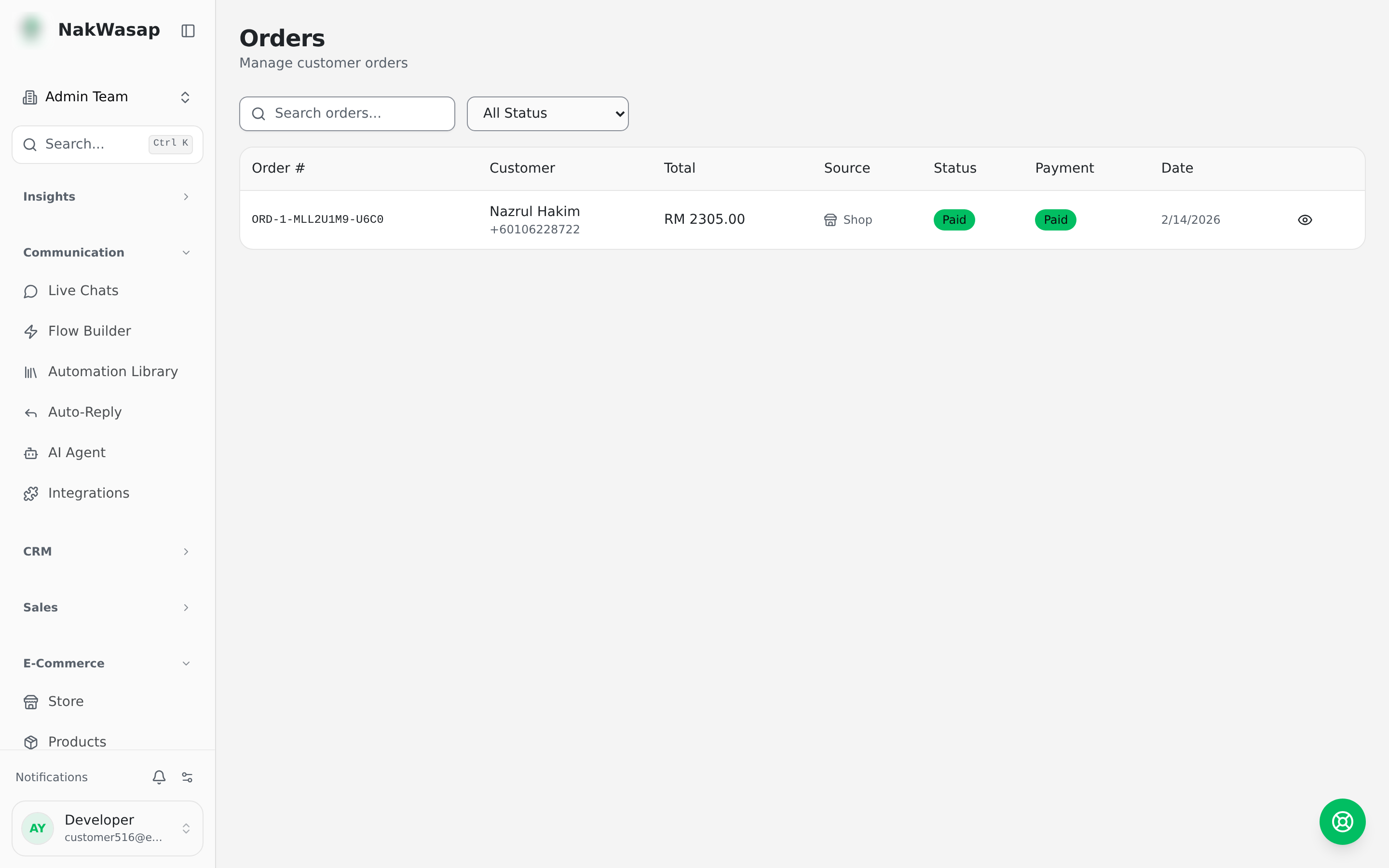 Orders list with mixed statuses