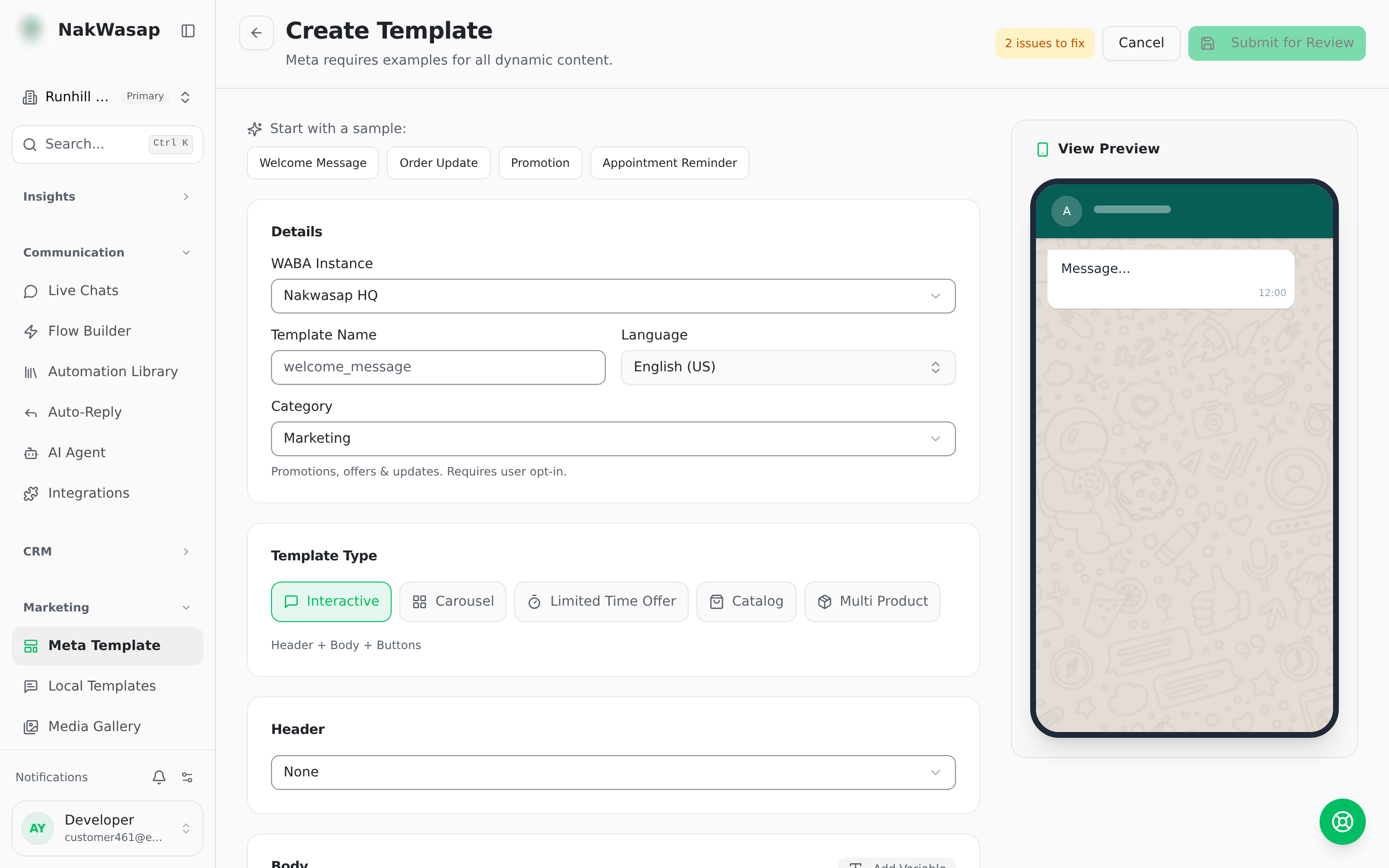 Builder with the live WhatsApp preview