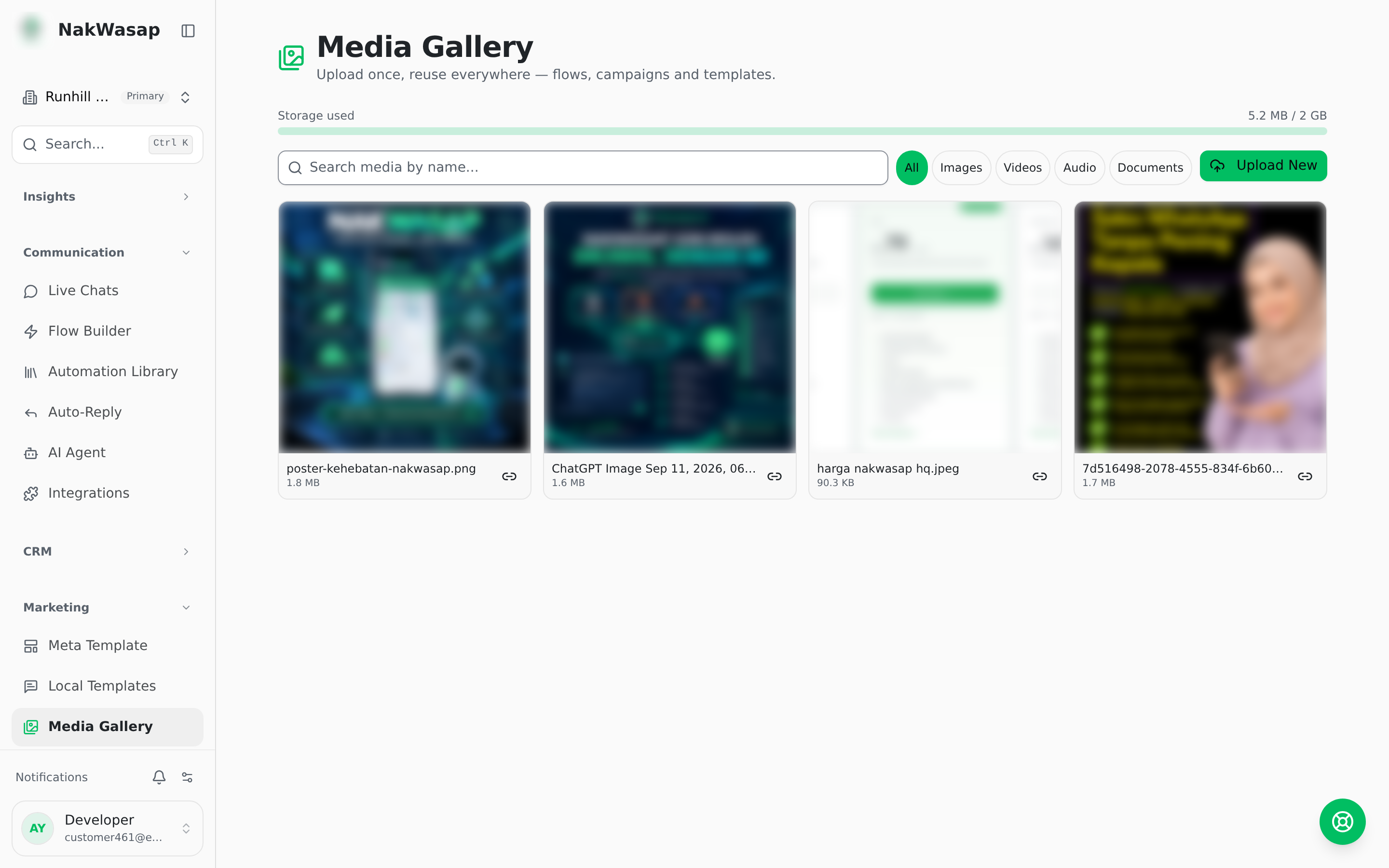 Gallery grid with the storage meter