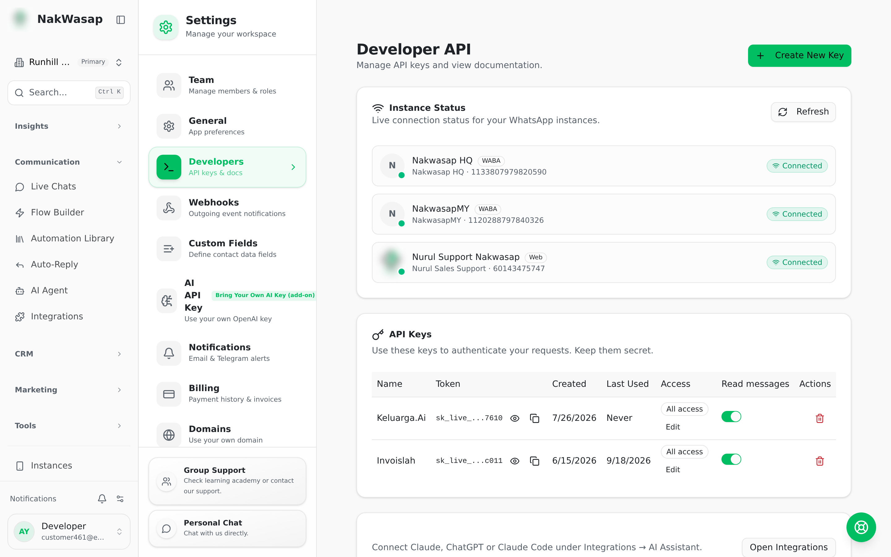 API keys section