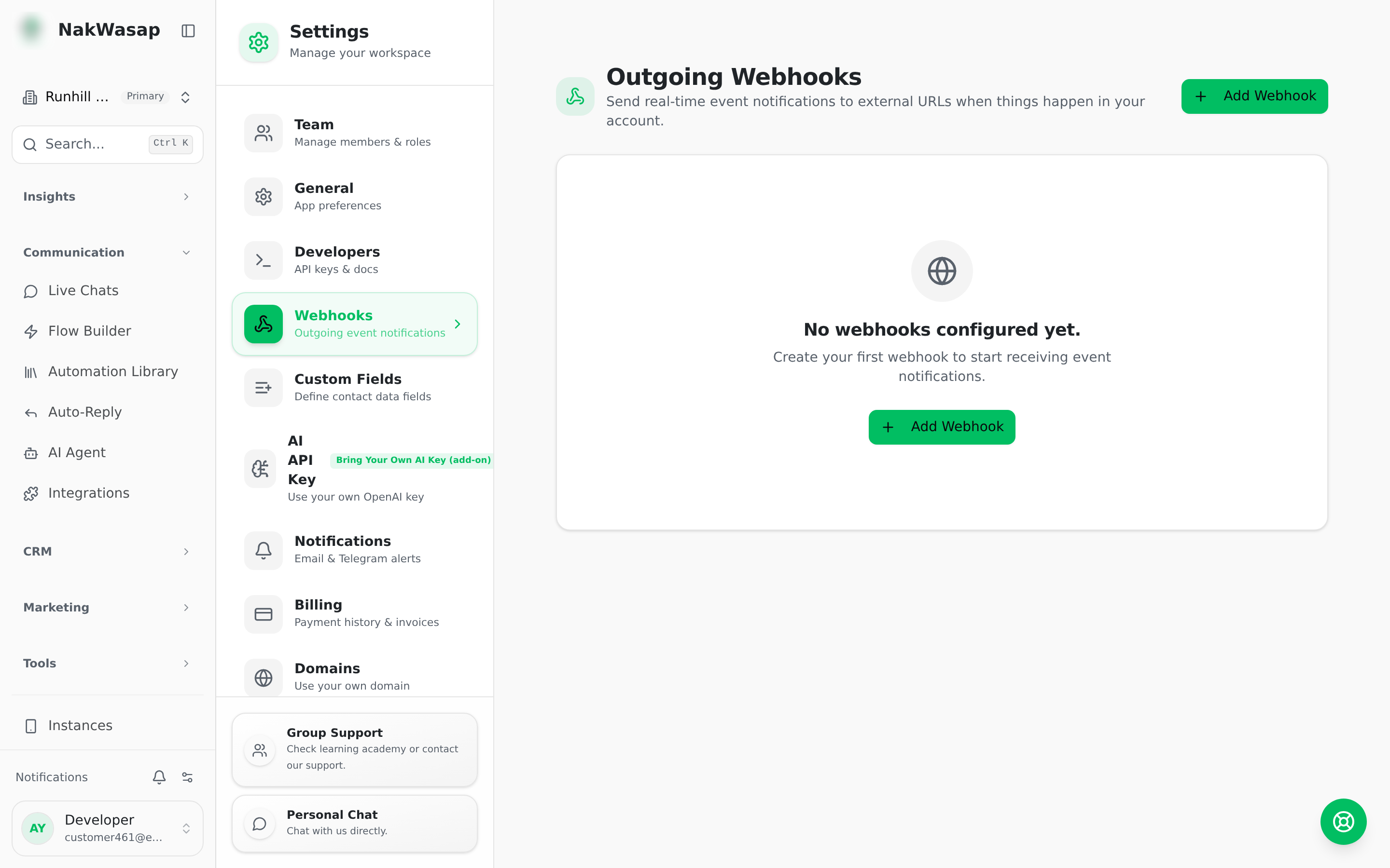 Webhook config with the event checkboxes