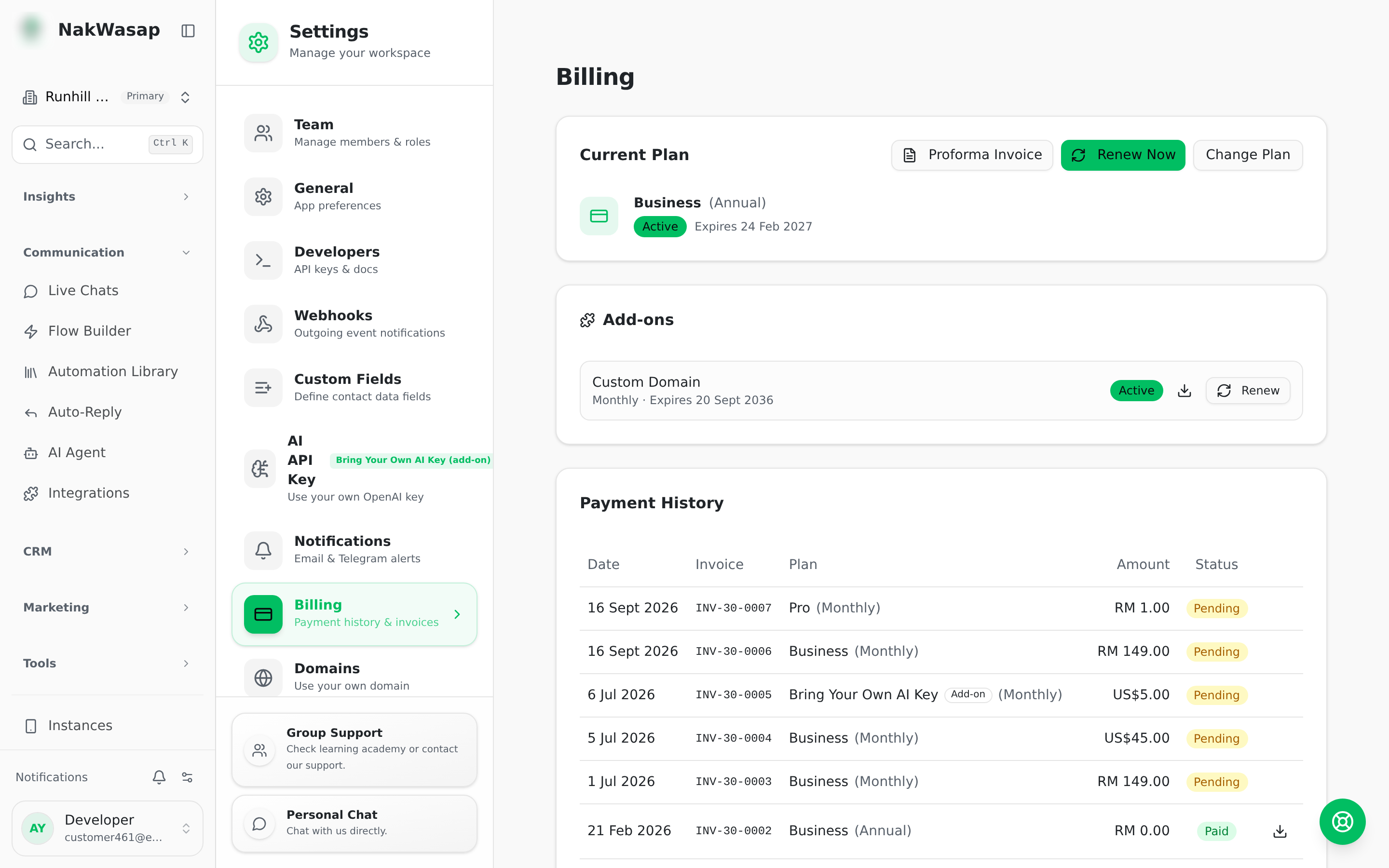 Current plan card and add-ons