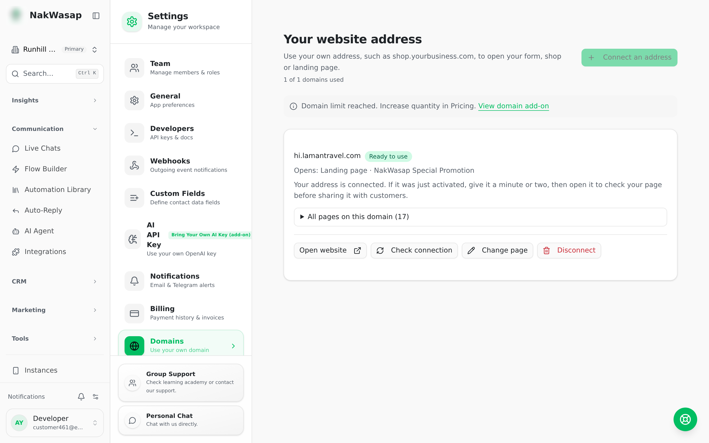 Domain list plus the DNS instructions dialog