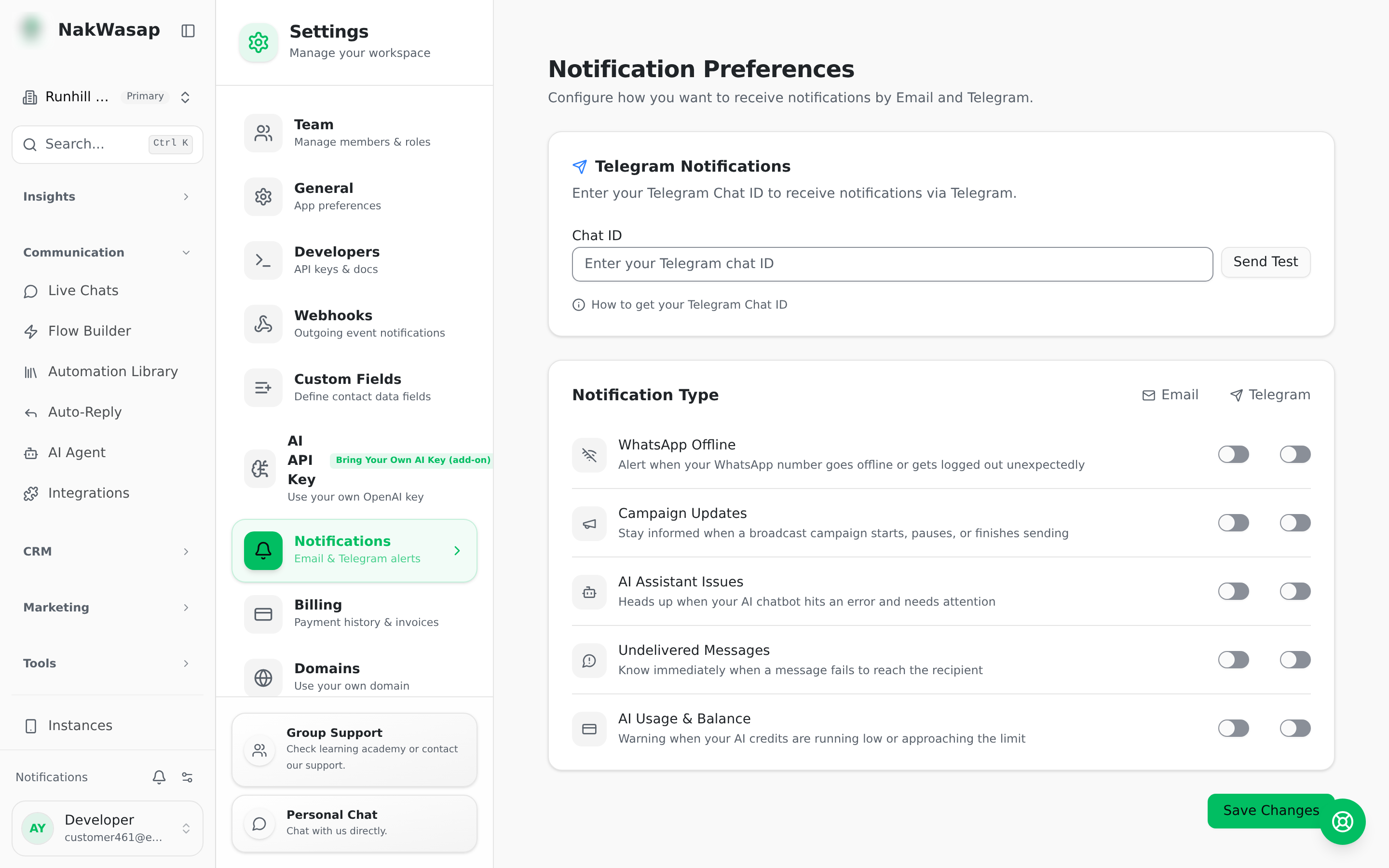 Notification type toggles